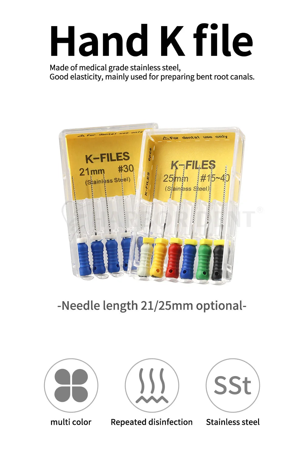 UKDENT Dental Hand Use K-Files 21/25MM Stainless Steel Endodontic Root Canal Files Dentistry Instruments 6Pcs/Pack
